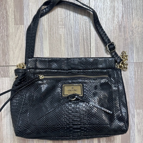 Nicole Miller Handbags - Nicole Miller Black Faux-Snake Shoulder Bag with Gold Accents